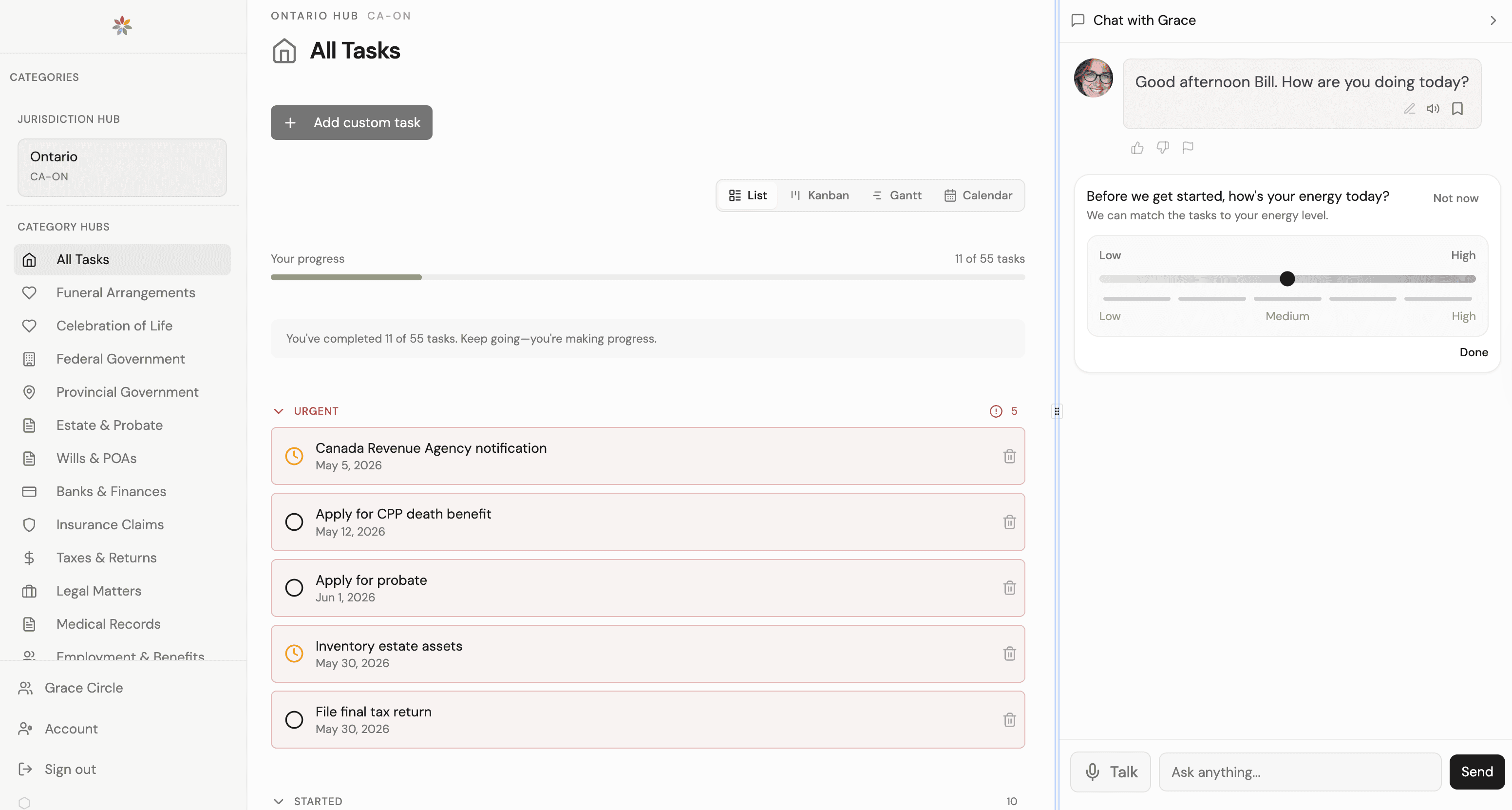 Plan With Grace — tasks dashboard with Grace chat open